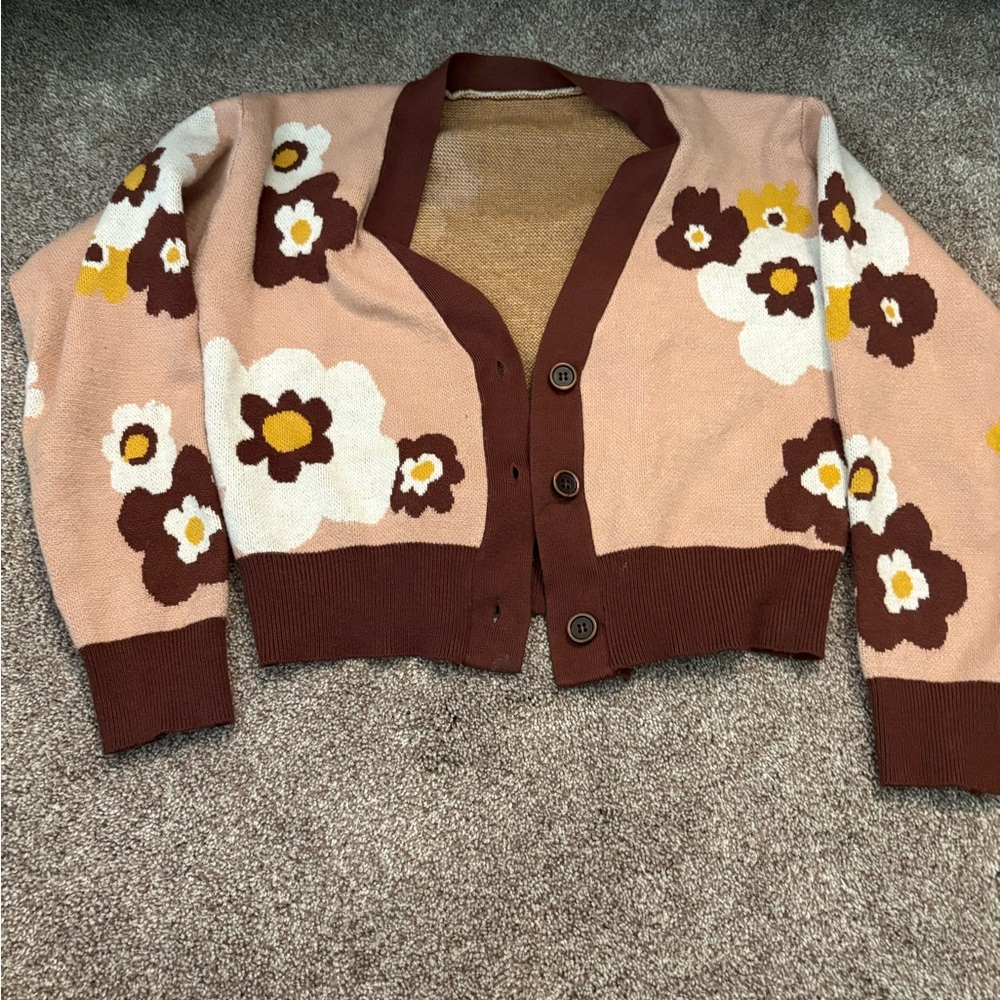 SHEIN Brown and Cream Floral Cardigan Sweater
